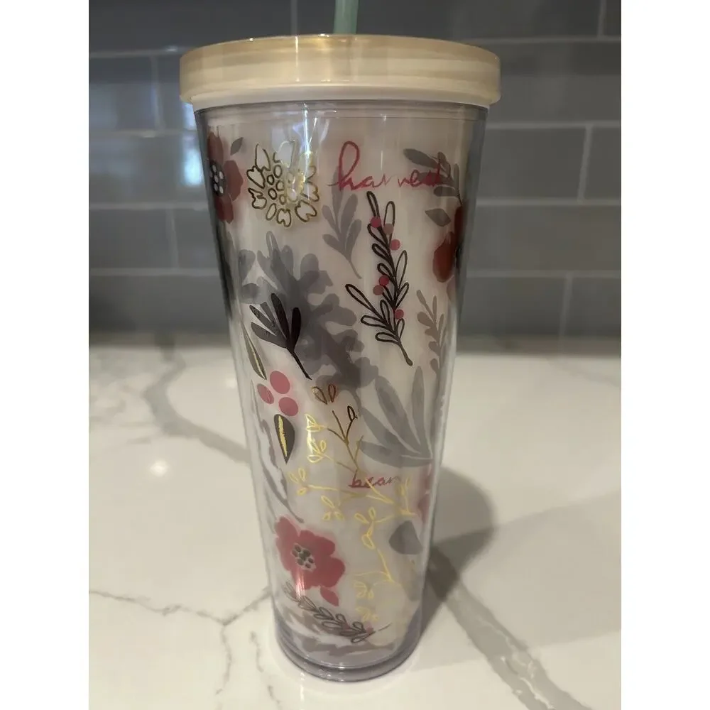 RARE‎ 2014 Starbucks Flower Pattern Floral Harvest Venti Cold Cup Tumbler 24 oz